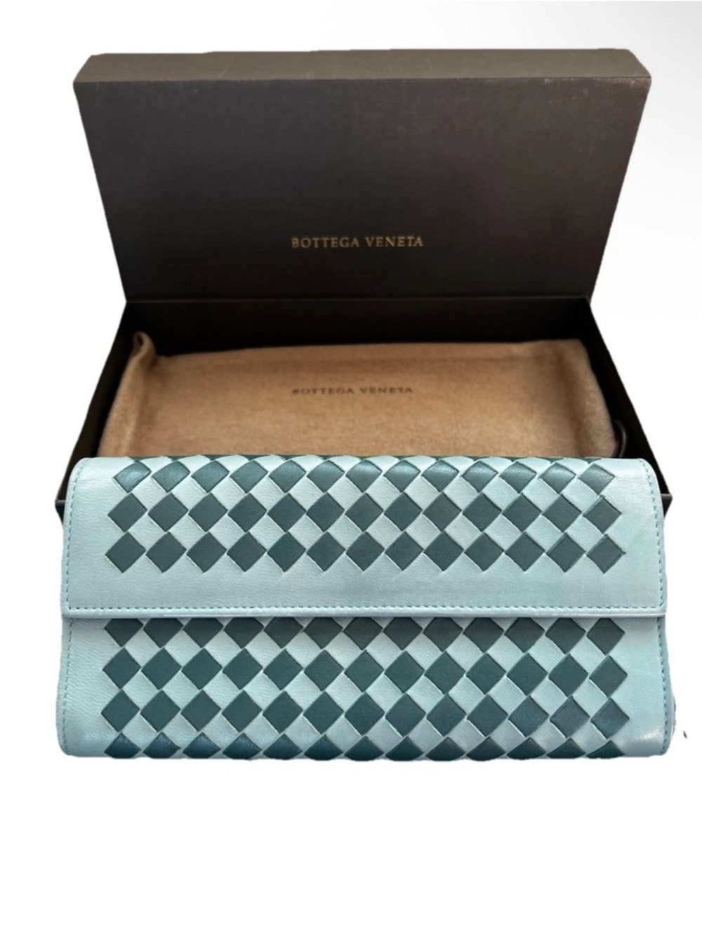 Bottega Veneta Intrecciato Blue Checkered Continental Wallet Very Good w-Box/Bag